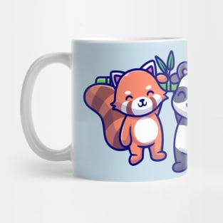 Cute Panda And Red Panda Hanging On Bamboo Cartoon Mug